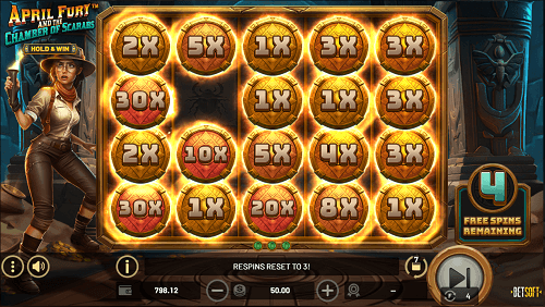Win Big with April Fury And The Chamber Of Scarabs Hold and Win Bonus Play: April Fury And The Chamber Of Scarabs