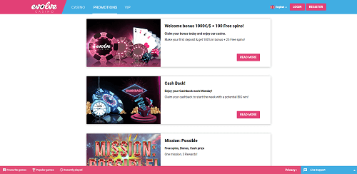 Evolve Casino Promotions Evolve Casino Bonuses Screen