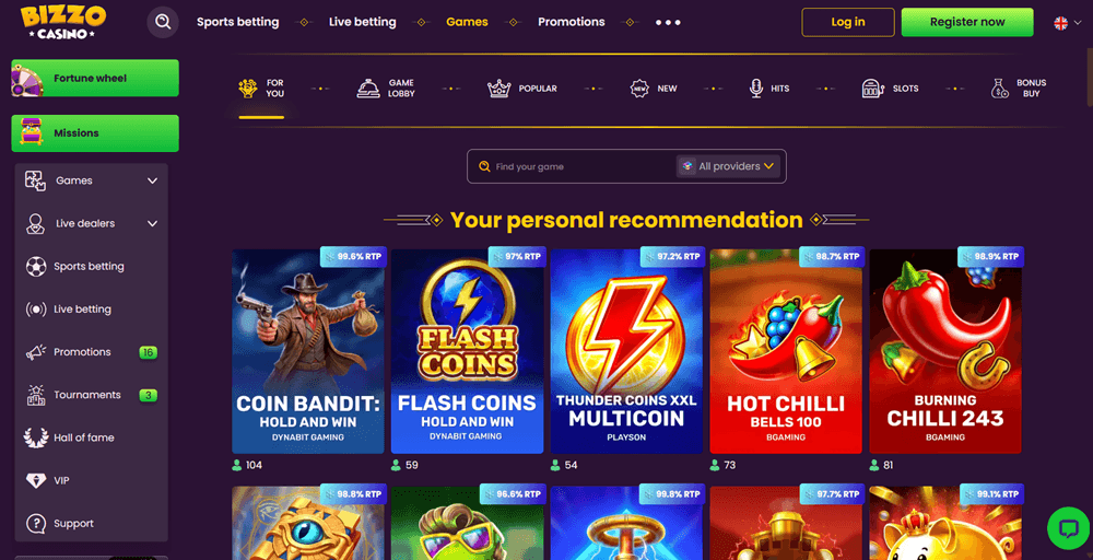 Bizzo casino personal game recommendations Bizzo online casino game spread